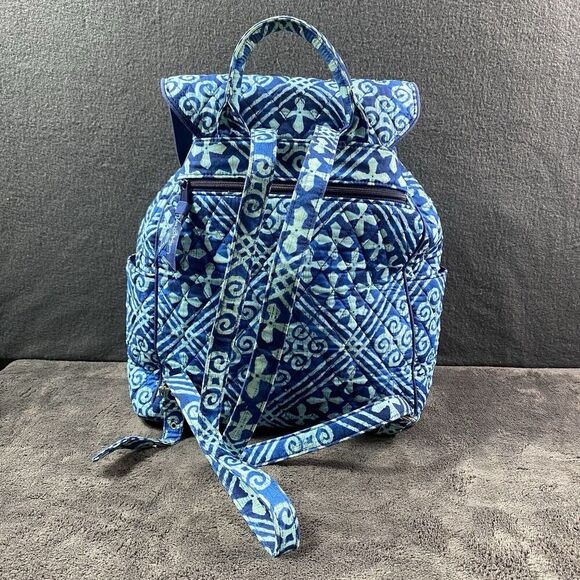 Vera Bradley Cuban Tiles Cotton Backpack Medium Blue Turquoise Straps 14"x12"x5" - Picture 6 of 14